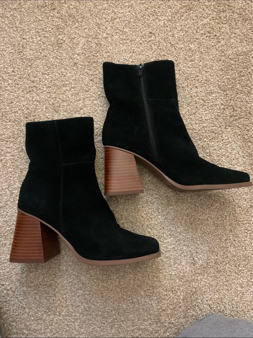 Crown Vintage Black Suede Ankle Boots with Brown Stacked Heel
